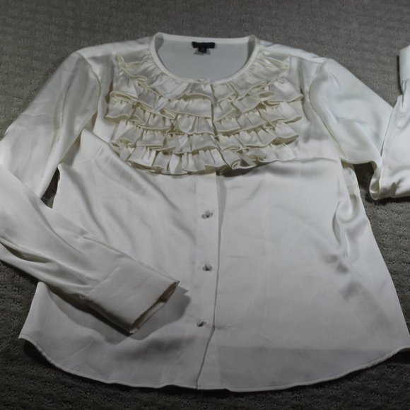 Vintage 90s Madison Size 6 Shiny Cream Ruffle Collar Blouse - Picture 1 of 6